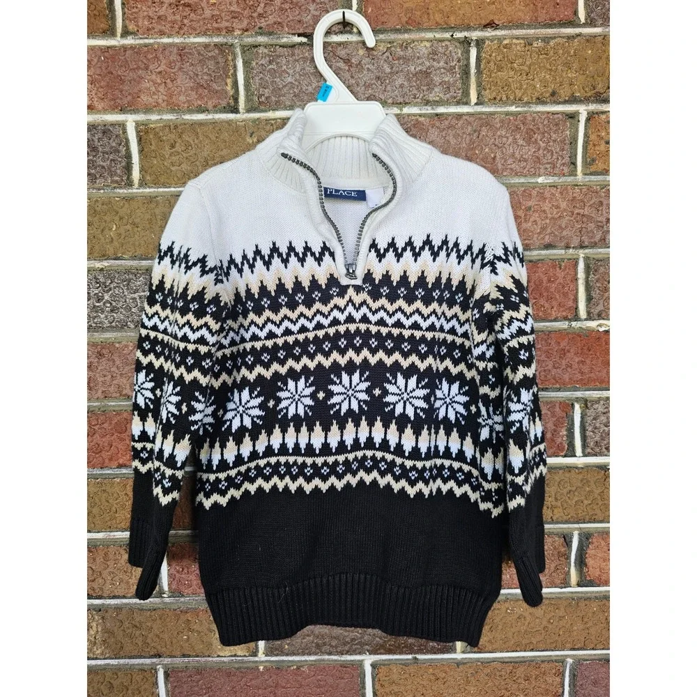 100% cotton The Childrens Place‎ Boys Fair Isle Quarter Zip Sweater Black 5T